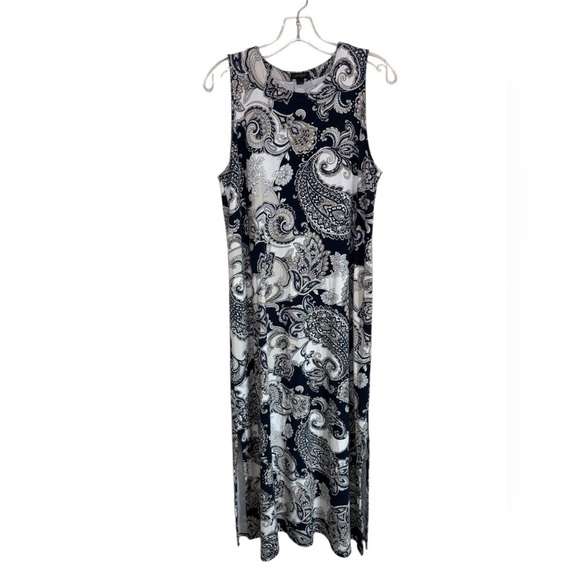 J. Jill Navy & Cream Paisley Sleeveless Maxi Dress Side Slits Size M - Picture 2 of 9
